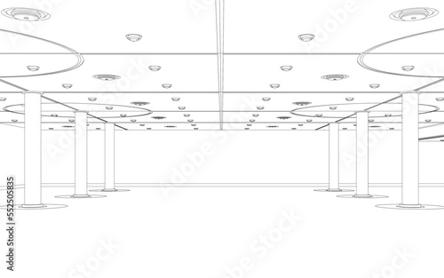 Outline of the room with columns made of black lines isolated on a white background. Outline of the garage. 3D. Vector illustration.