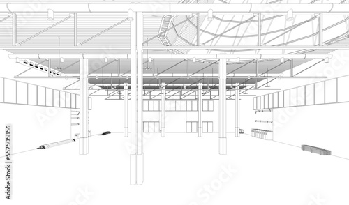 Hangar outline from black lines isolated on white background. Warehouse space. 3D. Vector illustration.