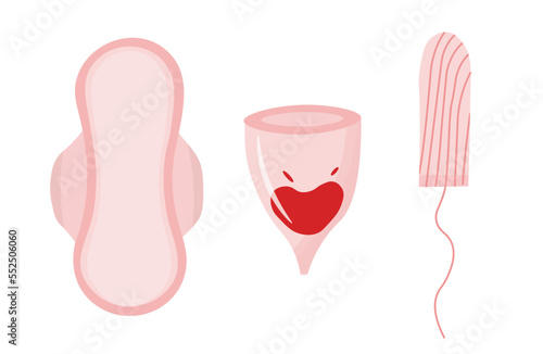 Menstrual icons set, pad, menstrual cup and tampon. Hygienic tools for menstruation hygiene.