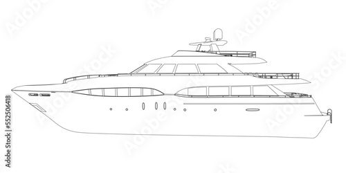 Outline of a large luxury yacht from black lines isolated on a white background. Side view. 3D. Vector illustration.