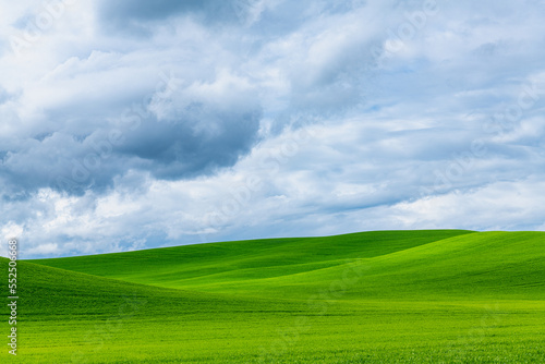 Rural landscape of hills covered in green grass under a dramatic sky