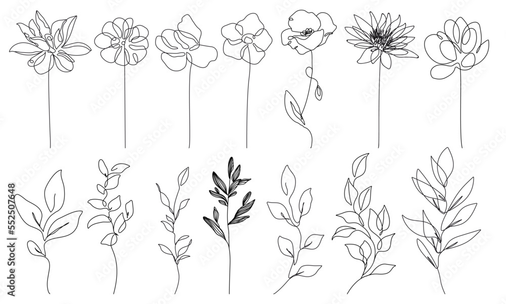 Flowers Set Line Art Drawing. Abstract Line Art Drawing of Flowers in ...