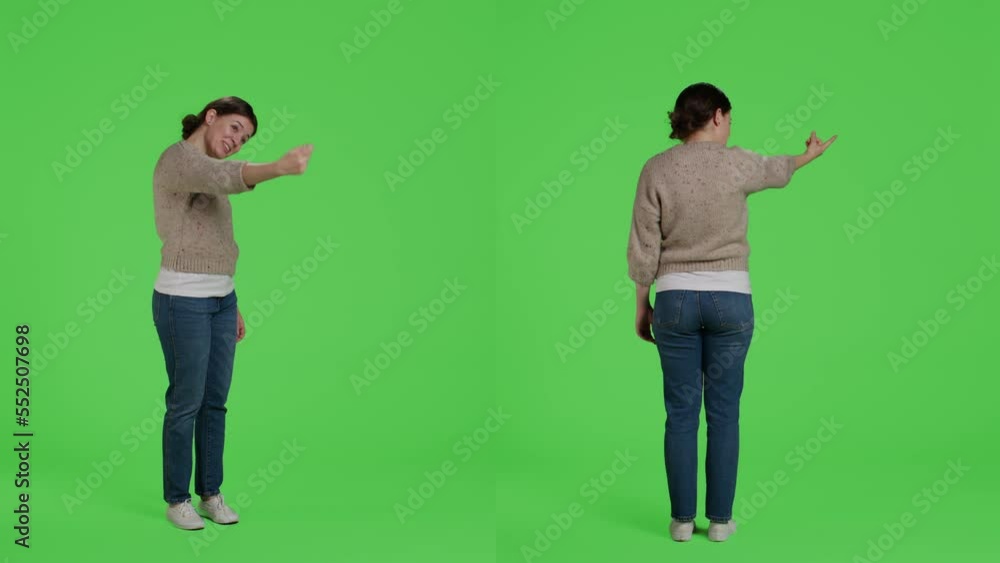 Caucasian person asking for someone and reaching hand out, requesting to come or calling over in studio. Cheerful girl insisting to come and being confident on full body greenscreen background. Caucasian person asking for someone and reaching hand out, requesting to come or calling over in studio. Cheerful girl insisting to come and being confident on full body greenscreen background.