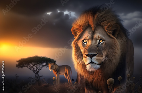 Lion and lioness in the savanna at sunset
