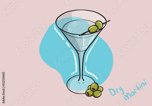 Dry Matrtini. Martini glass. Cocktail. Alcoholic classic drink. Dry vermouth with green olive. Hand drawn vector illustration.