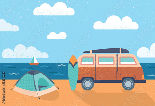 Camping trailers concept. Van and ent stand on shore of marine, hiking and outdoor recreation. Active lifestyle, holiday and weekends. Travel and adventure metaphor. Cartoon flat vector illustration