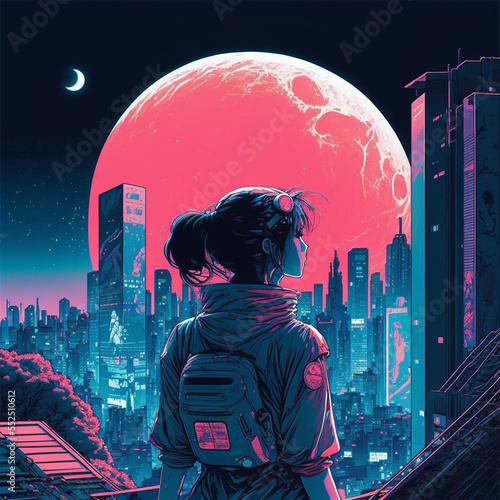 girl on top of building with moon behind generative AI
