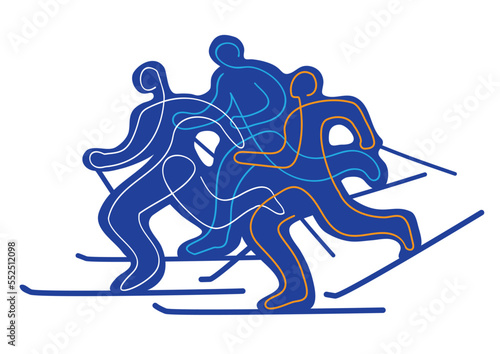 Cross-country skiing,ski alp, competition, line art. 
llustration of blue silhouettes of nordic skiing competitors. Continuous line drawing design. Vector available.