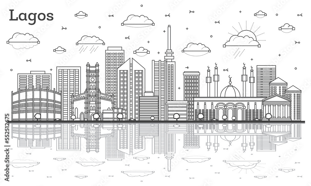 Outline Lagos Nigeria City Skyline with Modern Buildings and Reflections Isolated on White.