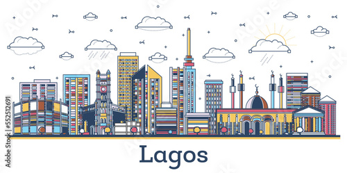 Outline Lagos Nigeria City Skyline with Modern Colored Buildings Isolated on White.