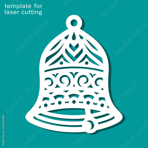 Beautiful bell. Openwork hanging decoration with carved ornament for Christmas tree, New Year. Template for plotter laser cutting of paper, wood carving, metal engraving, cnc. Vector illustration.