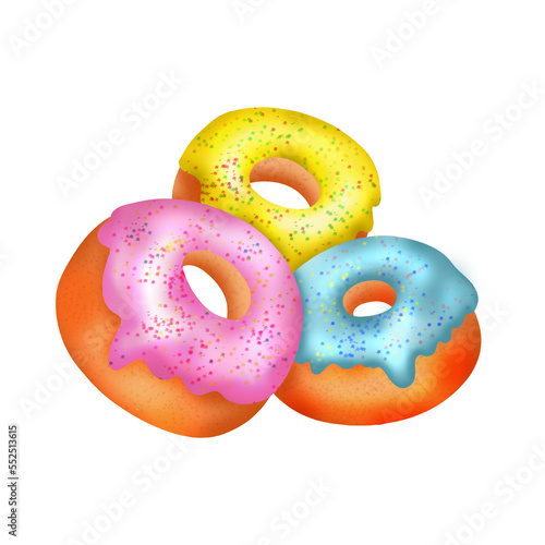 Three colorful, delicious donuts. Illustration