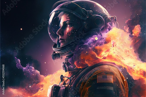 Explorer. Stunning creative double exposure illustration of astronaut and nebula in outer space. Gorgeous illustration generated by Ai. Generative art.
