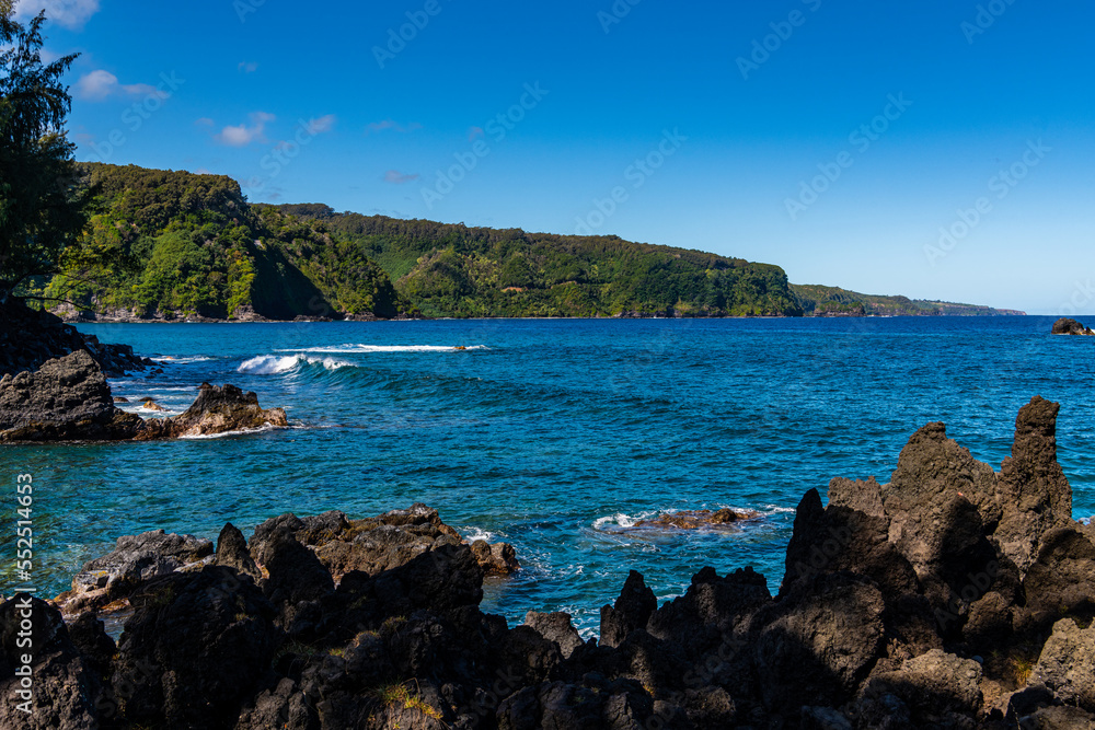 Volcanic rock formations and forested cliffs along the Maui coast