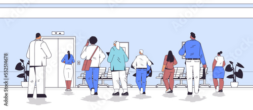 businesspeople standing back to camera rear view of business people group waiting elevator in office corridor