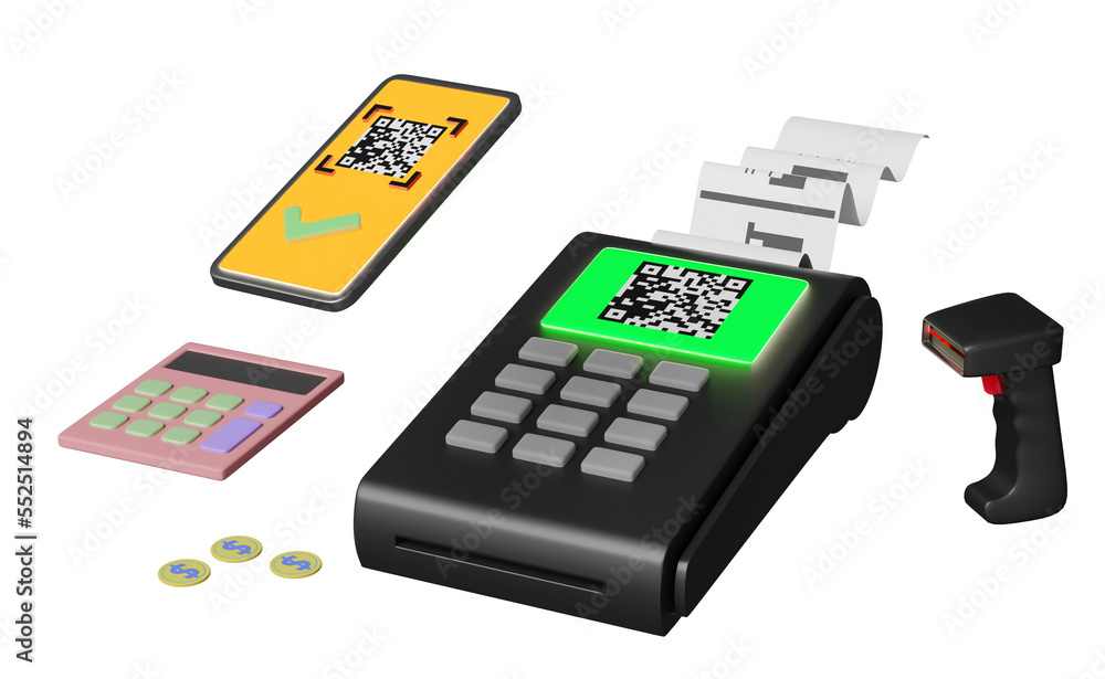 payment machine,pos terminal, electronic bill payment with barcode, mobile phone, smartphone, qr code scanning isolated. cashless payment concept, 3d illustration, 3d render