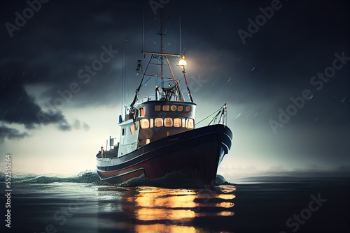 Fishing boat in the open sea. Ai generated illustration. Generative art