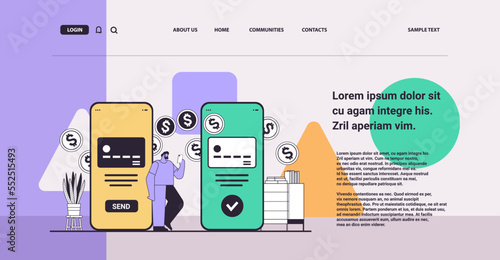businessman sending or receiving dollar coins via smartphones money transfer payment financial transactions concept