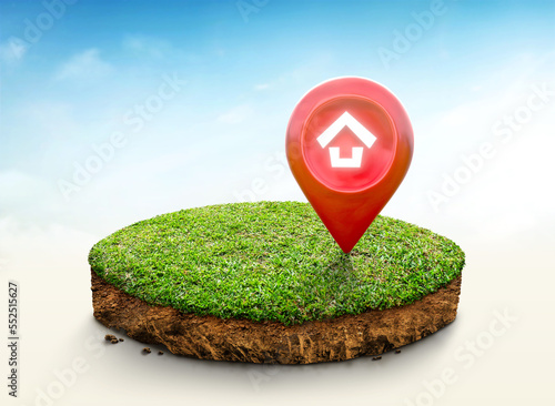 Foto House symbol with location pin icon on cubical soil land geology cross section with green grass, ground ecology isolated on blue sky