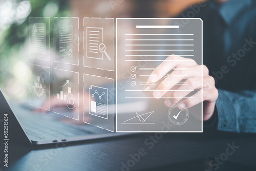 a man reviewing and managing business documents and agreements online,signing a business contract approval of contract documents confirmation or warranty certificate,employment idea, project review