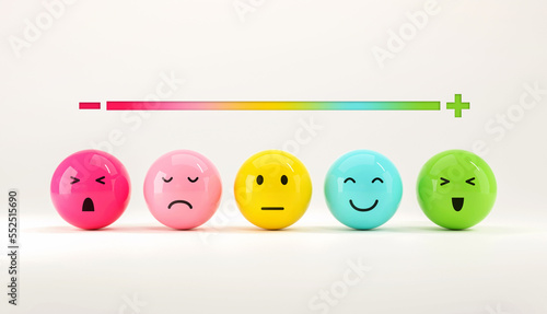 Customer choose emoji emoticons happy mood on emotions satisfaction meter, evaluation, Increase rating, Satisfaction and best excellent services rating concept, Feedback concept design, 3d render. photo