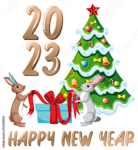 Happy New Year text with cute rabbit for banner design