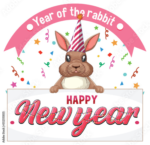 Happy New Year text with cute rabbit for banner design