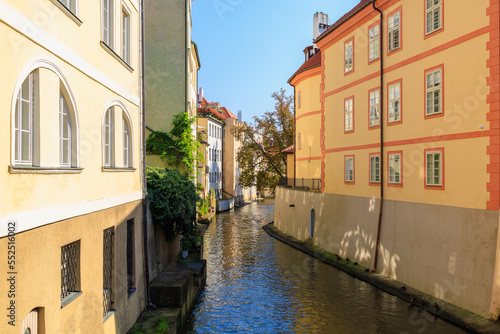 Houses by the canal in a cozy touristic European city. Background with selective focus