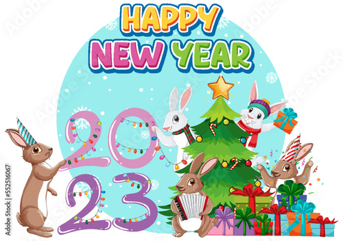 Happy New Year text with cute rabbit for banner design