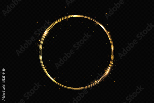 Abstract sparkling golden frame light effect on transparent background. Spark with ring glossy line.