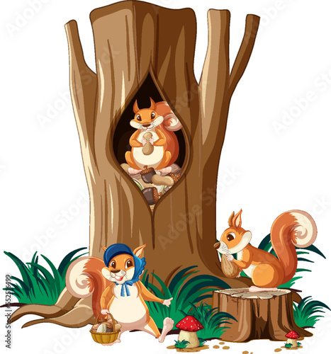 Three squirrels eating nuts in garden