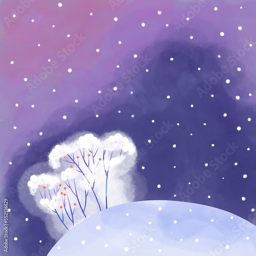 Mystic winter forest landscape. Natural woodland horizontal background at wintertime with mist and fog. Cartoon picture of cold, snowy deep forest with woods silhouettes, pathway and snowfall