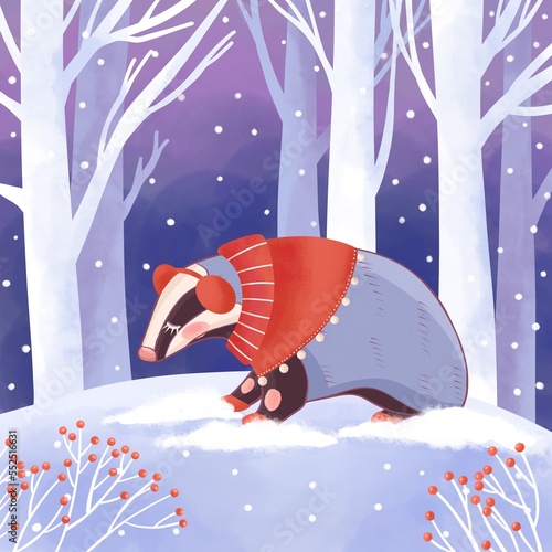 Winter postcard with a forest animal from the winter forest.
