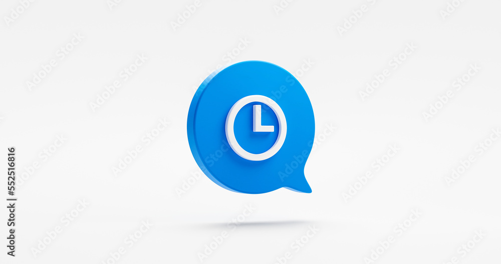 Clock time alarm 3d icon isolated on white background with blue message speech bubble hour stopwatch symbol concept or countdown timer watch clockwise dial sign and simple minute deadline flat object.