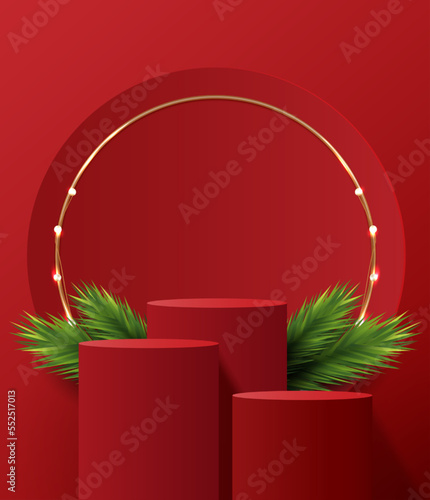 Podium shape for show cosmetic product display for Christmas day or New Years. Stand product showcase on red background with tree christmas. vector design.