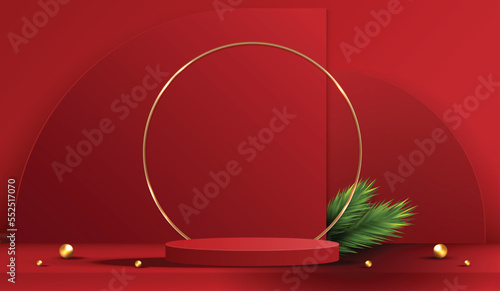 Podium shape for show cosmetic product display for Christmas day or New Years. Stand product showcase on red background with tree christmas. vector design.