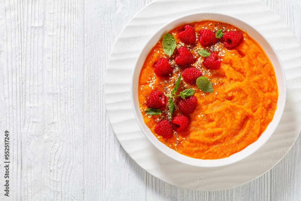 Sweet Potato Mash topped with fresh Raspberries Sweet Potato Mash topped with fresh Raspberries