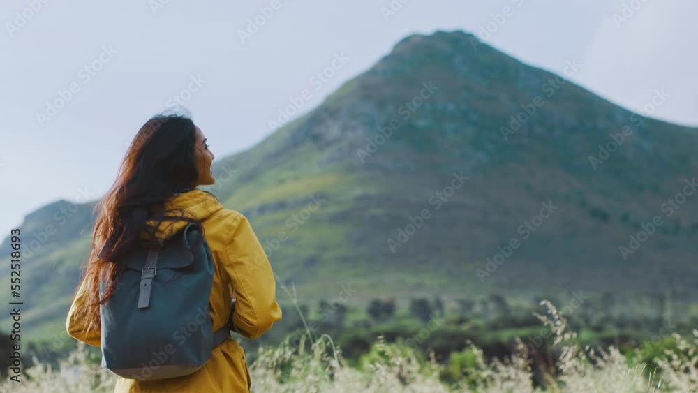 Woman, mountain and backpacking for adventure, travel or hiking journey in the countryside. Female hiker, tourist or traveler sightseeing, trip and rocky view in the nature outdoors for getaway Woman, mountain and backpacking for adventure, travel or hiking journey in the countryside. Female hiker, tourist or traveler sightseeing, trip and rocky view in the nature outdoors for getaway