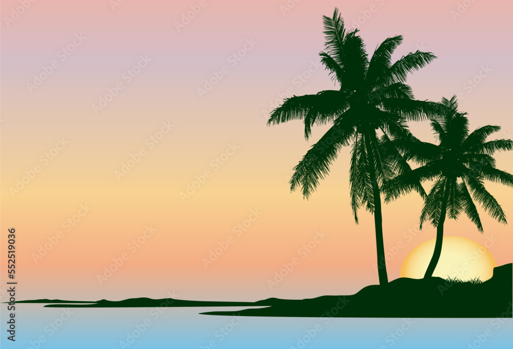 view of sunset over tropical island with two coconut trees