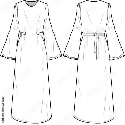 Trumpet Sleeve Tie Dress, Bell Sleeve Maxi Dress With Tie, Abaya, Modesty Dress Front and Back View. Fashion Illustration, Vector, CAD, Technical Drawing, Flat Drawing, Template, Mockup.	 photo
