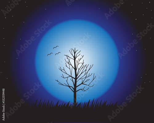 silhouette vector design of a landscape at night with a large moon and there is a tree in the middle of a meadow