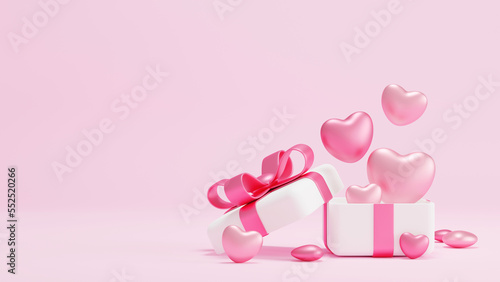 Gift box with hearts on pink background Valentine's day banner 3D render