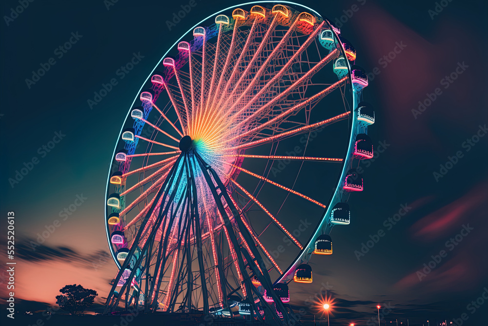 Neon-lit Ferris wheel Generative AI - obrazy, fototapety, plakaty 