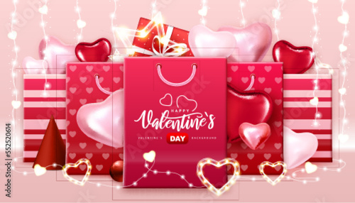 Wallpaper Mural Happy Valentines Day  typography poster with 3D love hearts and paper bags. Vector illustration Torontodigital.ca