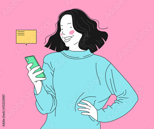 Smiling girl sends messages via smartphone. Young happy woman uses a mobile phone for texting. Mobile internet communication, social media chatting, vector illustration. (ID: 552521887)