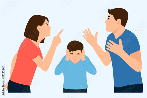 Fototapeta Naklejka Na Ścianę i Meble -  .Family conflict concept.  Unhappy boy covering ears with hands, terrified and displeased from loud,ignoring relationship problem and anger of parents. Vector illustration.