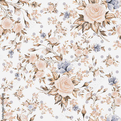 Lovely seamless spring roses pattern. Beautiful print for decoration of textiles and design. Flower background. Art drawing for surface. Tenderness decor.