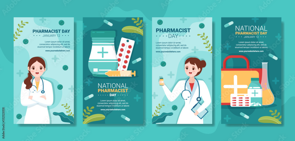 Εκτύπωση καμβά World Pharmacists Day Social Media Stories Flat Cartoon Hand Drawn Templates Ill