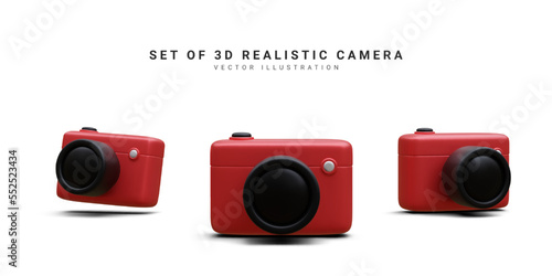 Set of 3d realistic camera isolated on white background. Vector illustration