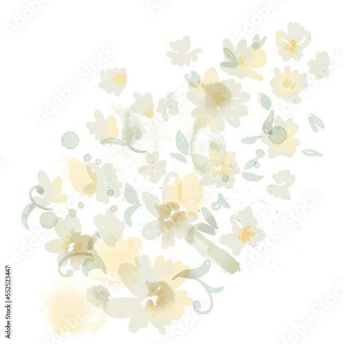 Digitally painted yellow watercolor spring illustration. Floral background